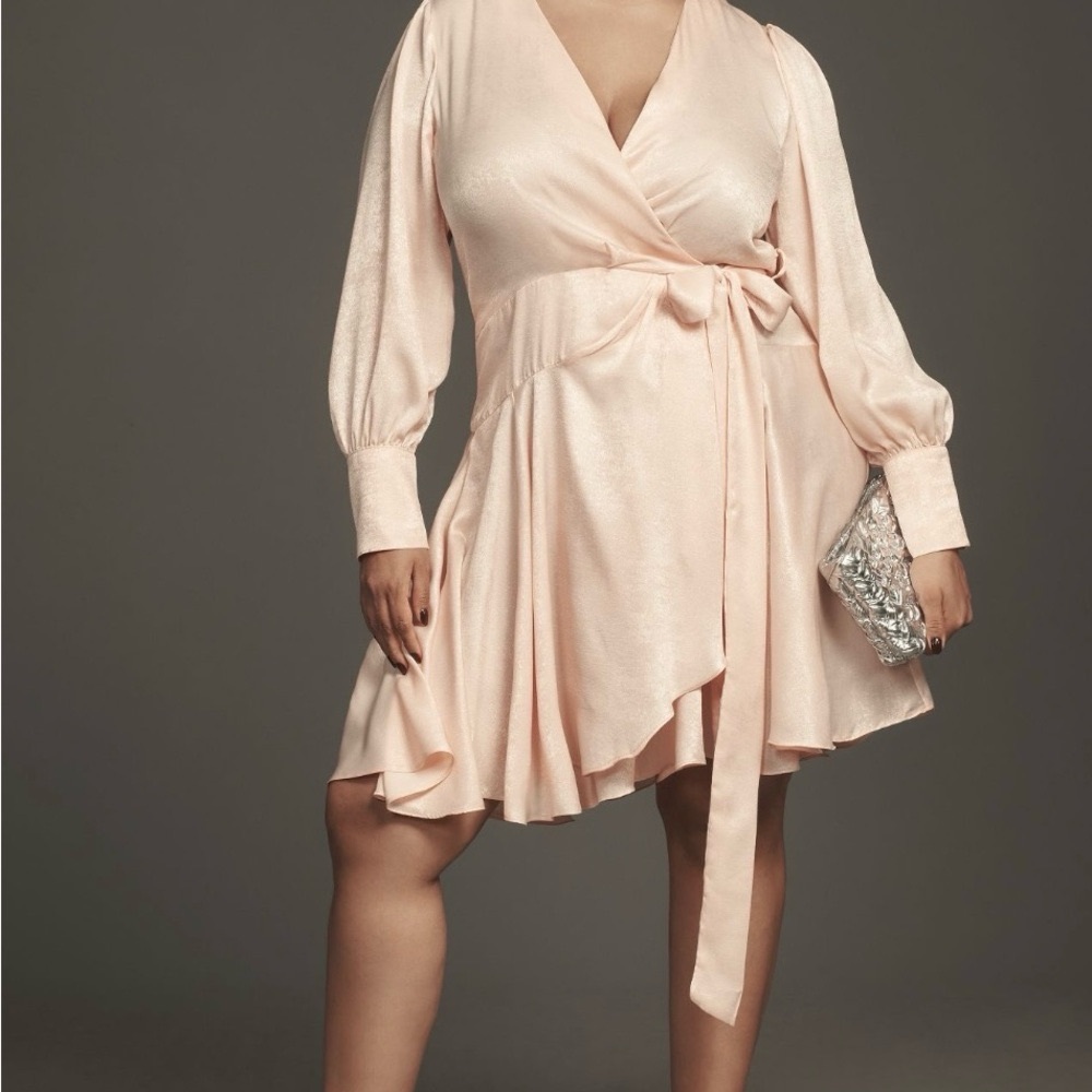 NWT Anthropologie Glamorous Long-Sleeve Metallic Wrap Mini Dress in Peach